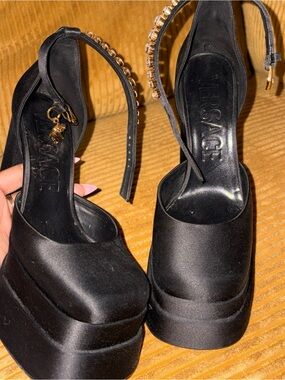Versace Black Satin Platform Ankle-Strap Platforms with Gold Medusa Accents